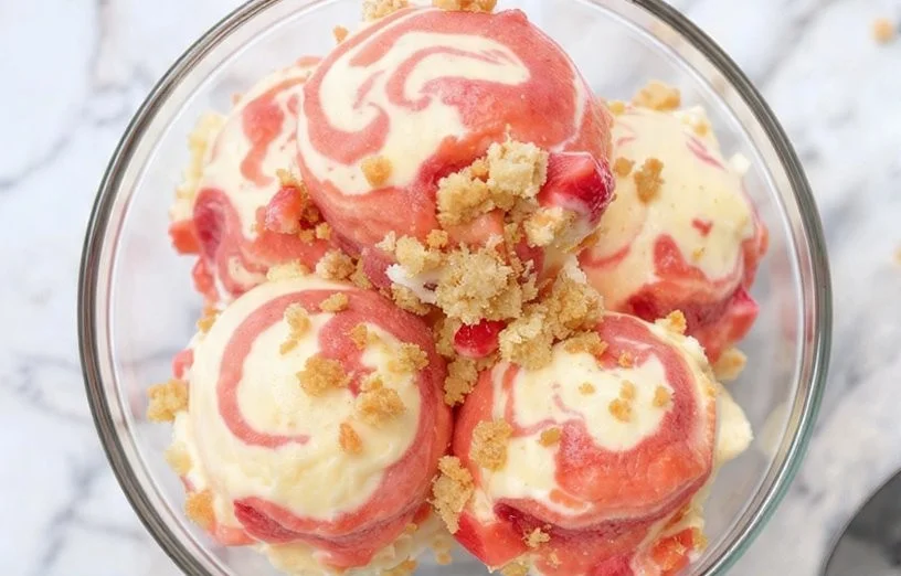 Delicious strawberry cheesecake protein ice cream served in a bowl with fresh strawberries.