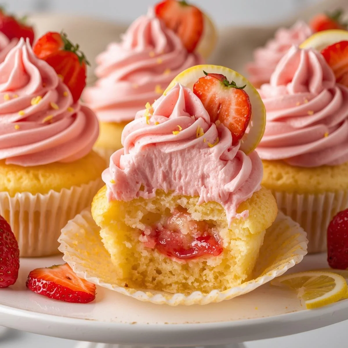 Strawberry lemonade cupcakes topped with creamy frosting and fresh berries