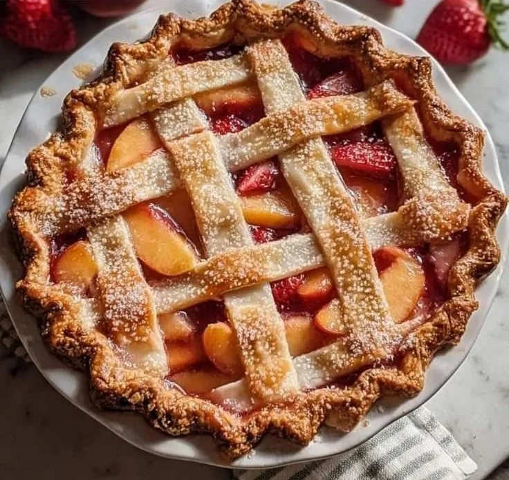 Delicious homemade strawberry peach pie with fresh fruits and flaky crust