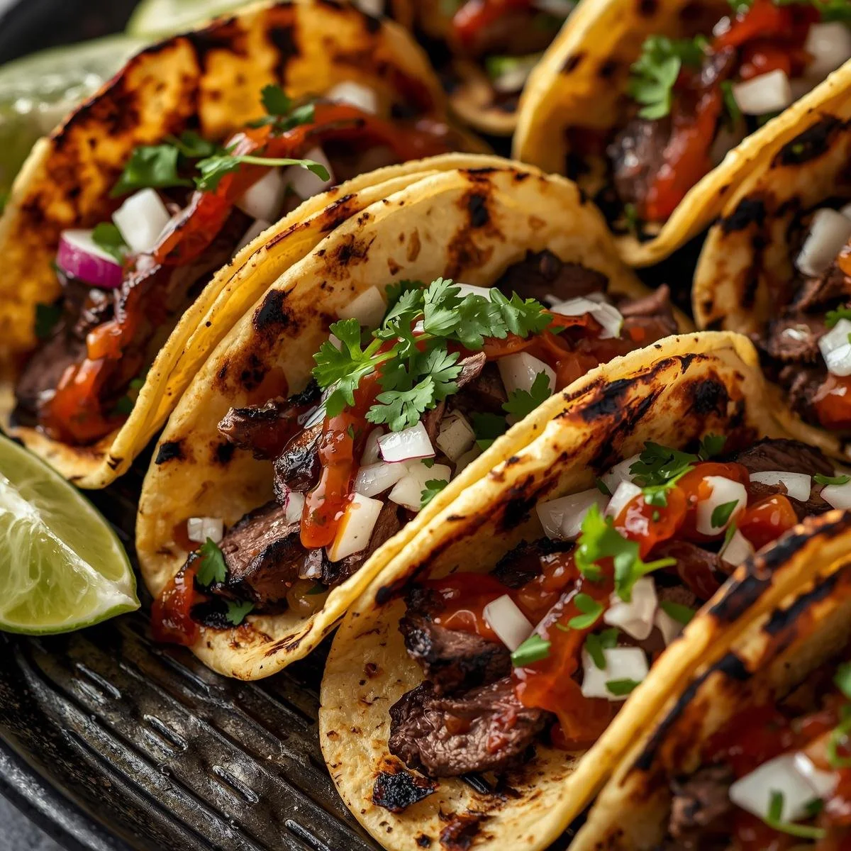 Delicious street-style steak tacos served with fresh toppings.