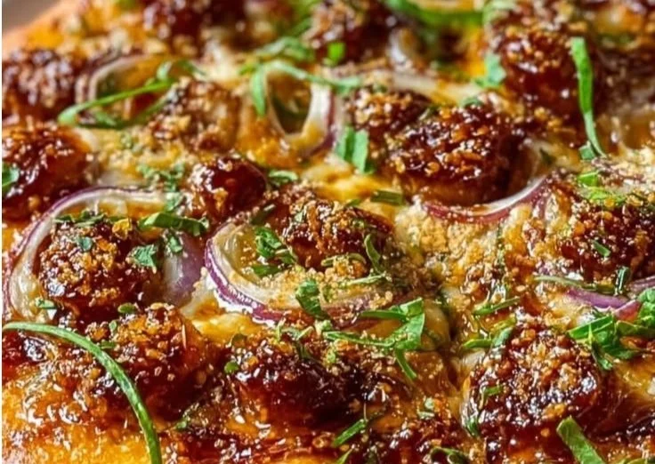Sweet spicy hot honey garlic pizza with toppings on a wooden pizza board