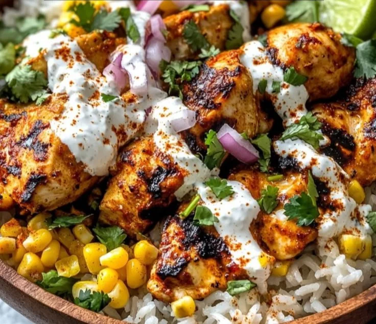 Delicious street corn chicken bowl with vibrant toppings and fresh ingredients