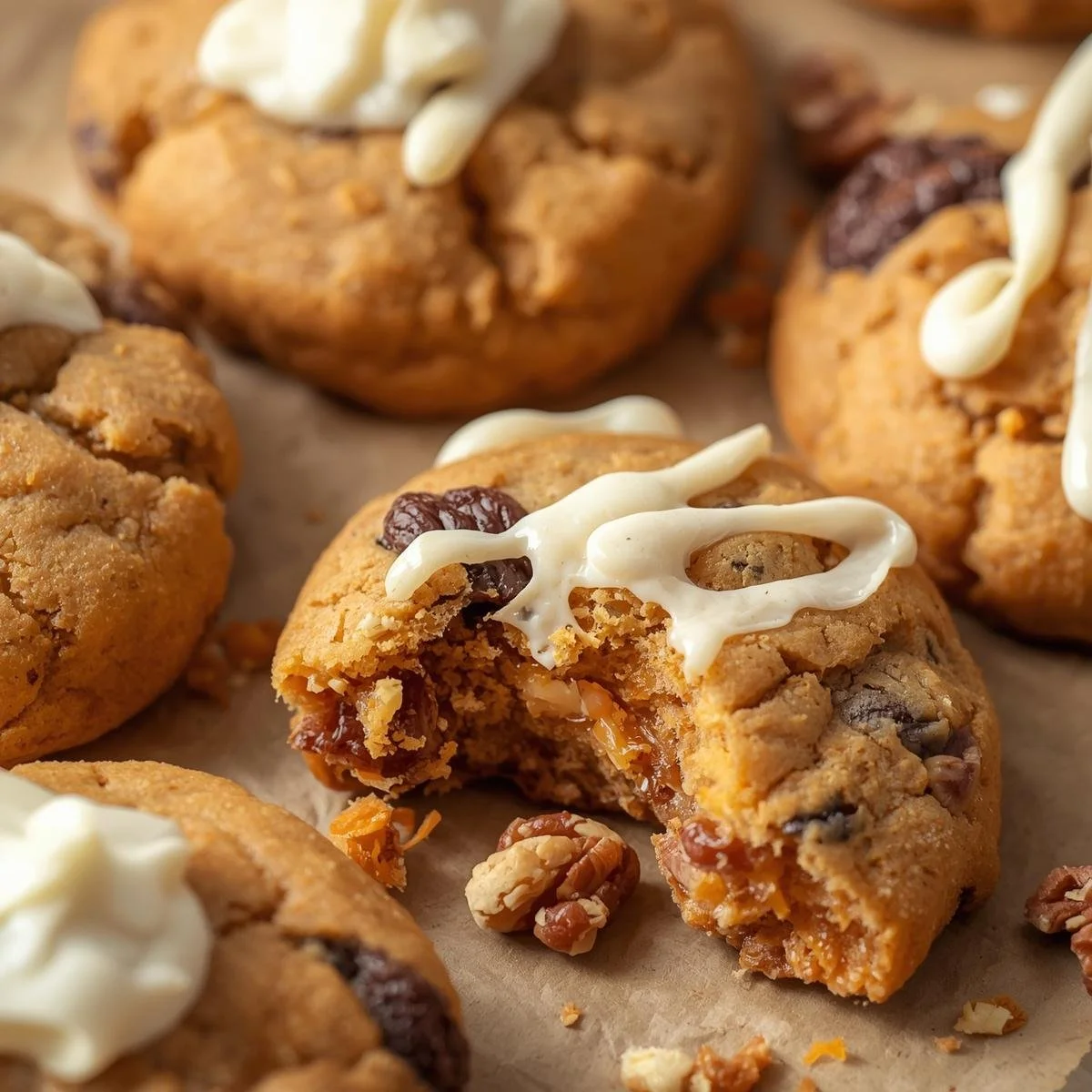 Delicious homemade carrot cake cookies topped with cream cheese icing.