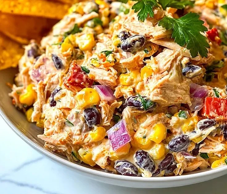 Bowl of the best Southwestern chicken salad with vibrant ingredients and toppings