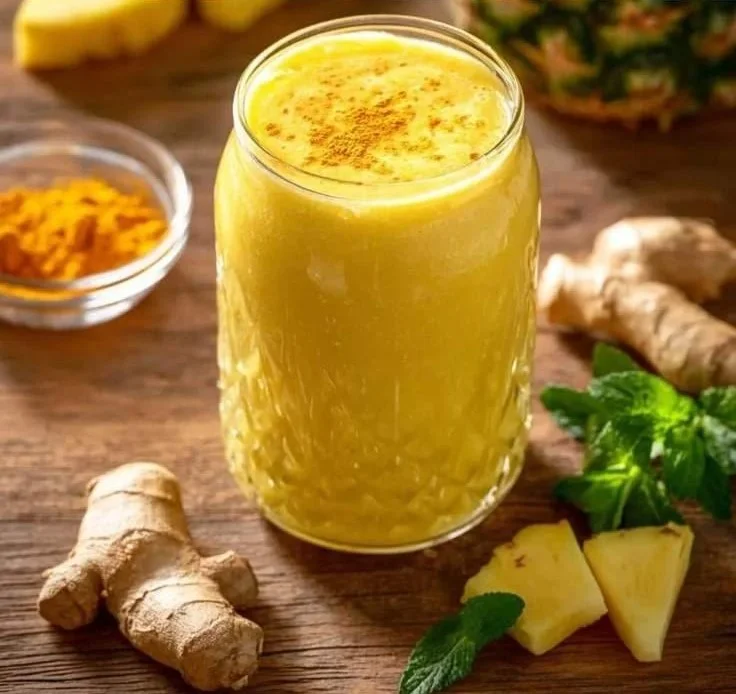 Tropical Glow Pineapple Ginger Turmeric Smoothie in a glass with fresh fruits
