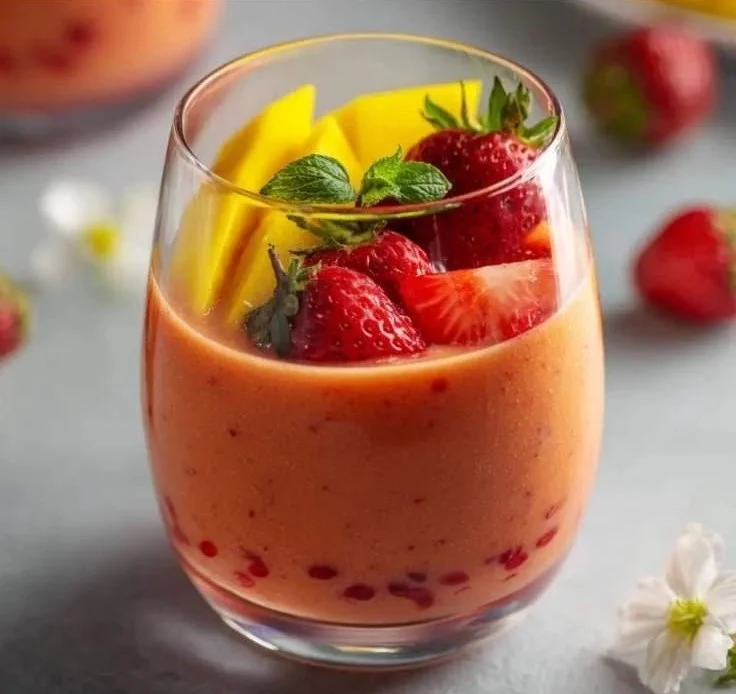 Tropical mango strawberry smoothie in a glass with fresh fruits