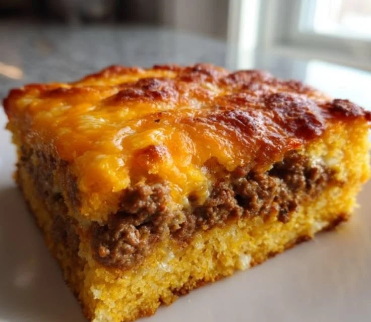 Ultra Easy Cowboy Cornbread Casserole topped with cheese and served in a rustic dish