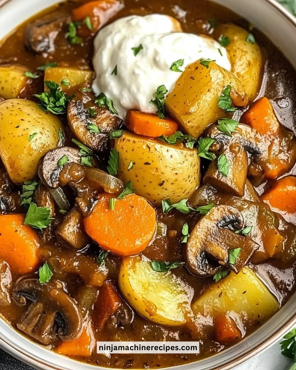 Delicious bowl of vegan mushroom stew with fresh vegetables and herbs