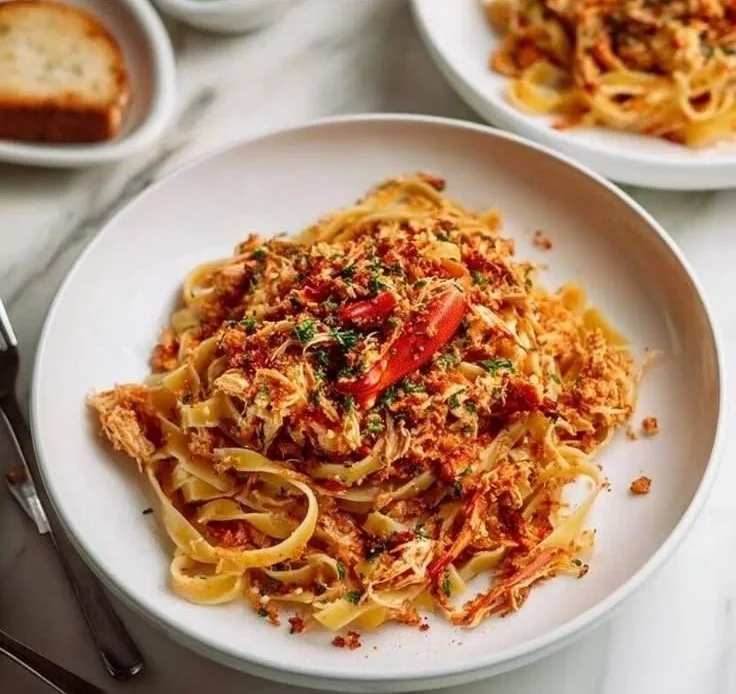 Vibrant pasta dish featuring spicy crab garnished with fresh herbs