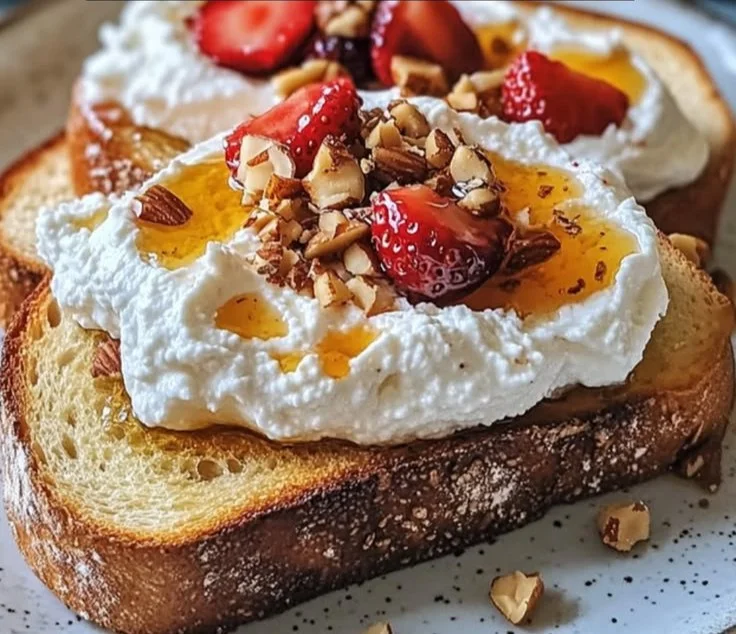 Whipped ricotta honey toast topped with drizzled honey and fresh fruit.