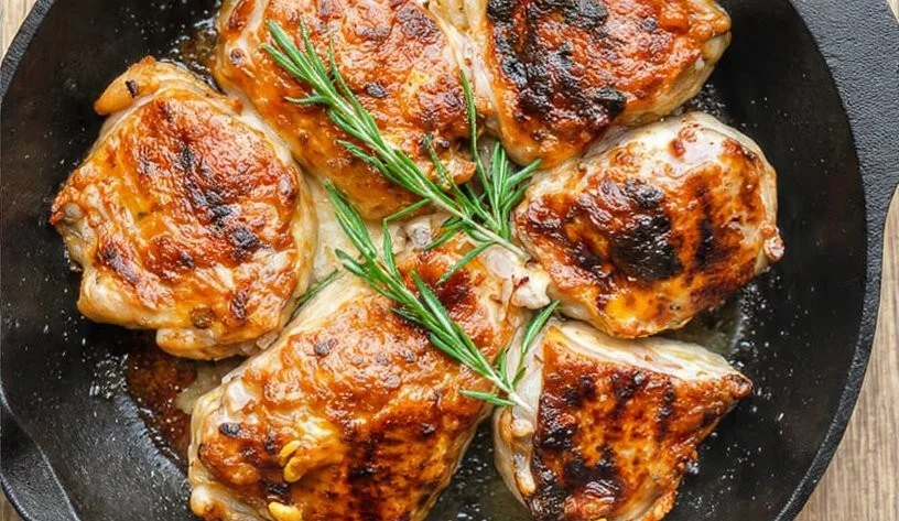 Woodfire grilled chicken thighs marinated and perfectly charred on the grill.