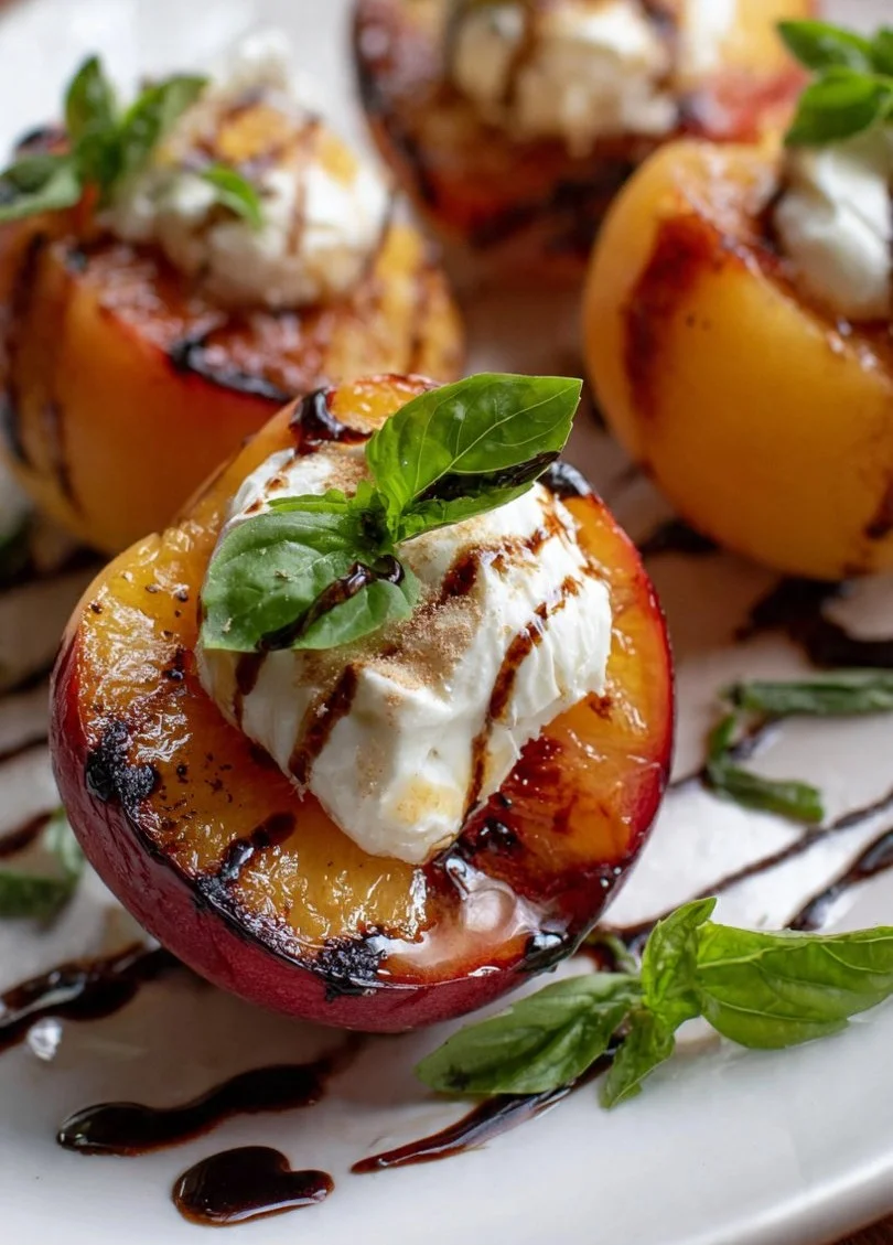 Air fryer peaches with burrata and honey served on a plate