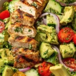 Bowl of fresh Avocado Chicken Salad with colorful vegetables