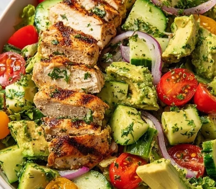 Bowl of fresh Avocado Chicken Salad with colorful vegetables