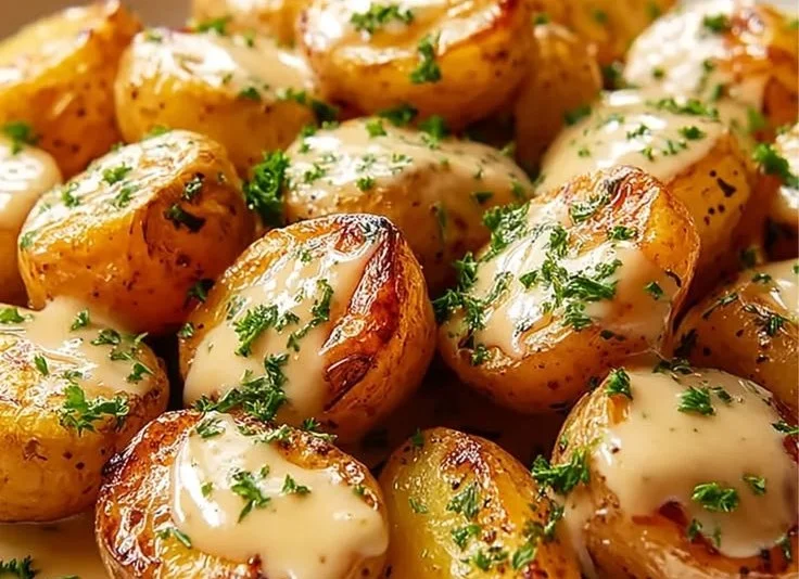 Baby potatoes cooked in creamy garlic sauce, served as a delicious side dish.