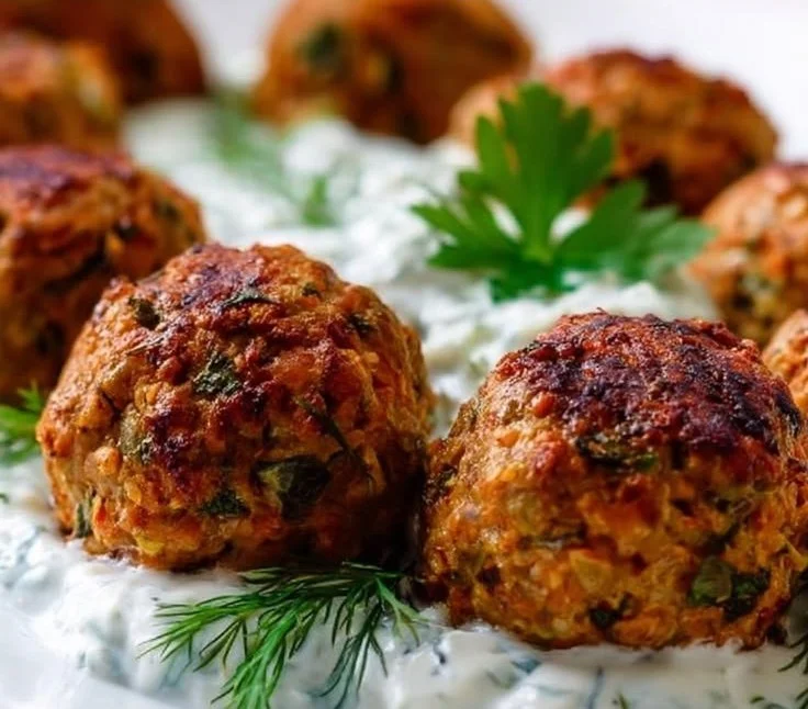 Baked Greek Lentil Meatballs with Tzatziki Sauce
