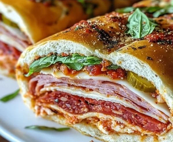 Baked Italian Grinder Sandwiches with cheese and meats, deliciously served hot.
