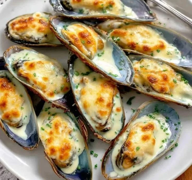 Baked mussels topped with mayonnaise on a serving plate