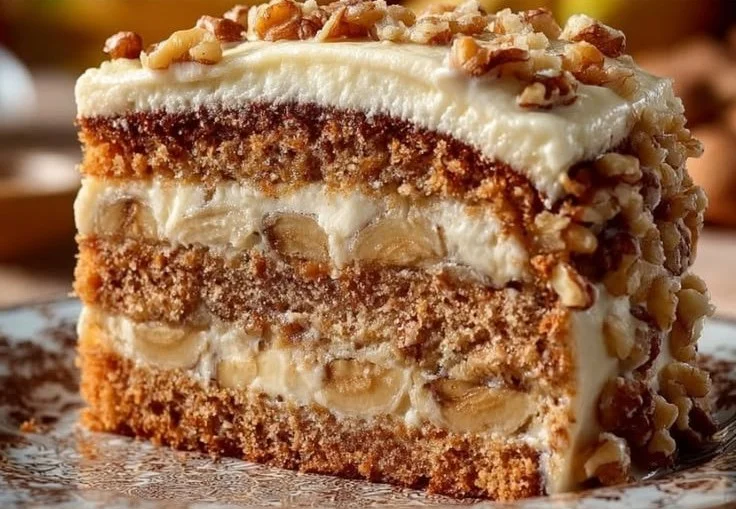 Slice of Banana Walnut Cream Cake topped with walnuts and cream frosting