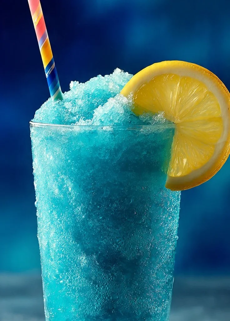 Glass of Blue Raspberry Electric Lemonade with ice and lemon slices