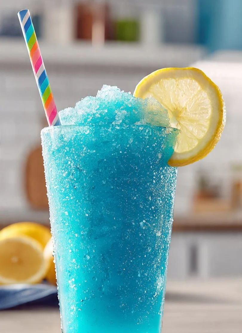 Blue Raspberry Lemonade Slushie in a clear cup with ice and a straw