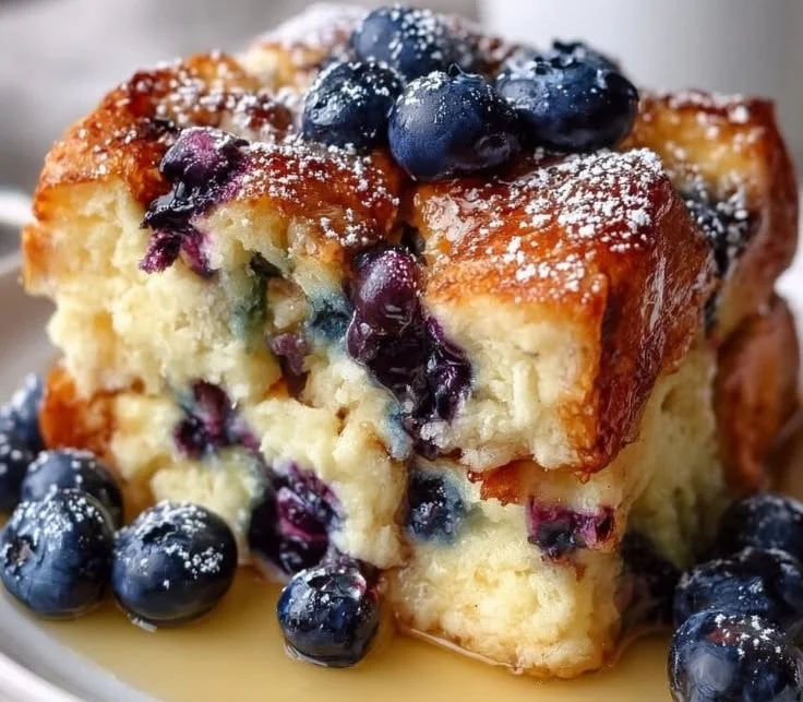 Delicious Blueberry French Toast Casserole baked and served warm