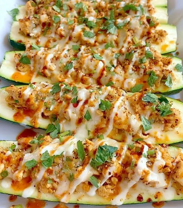 Buffalo Chicken Zucchini Boats topped with cheese and herbs on a plate