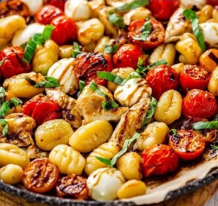 Delicious Caprese Chicken Gnocchi Skillet with fresh basil and mozzarella