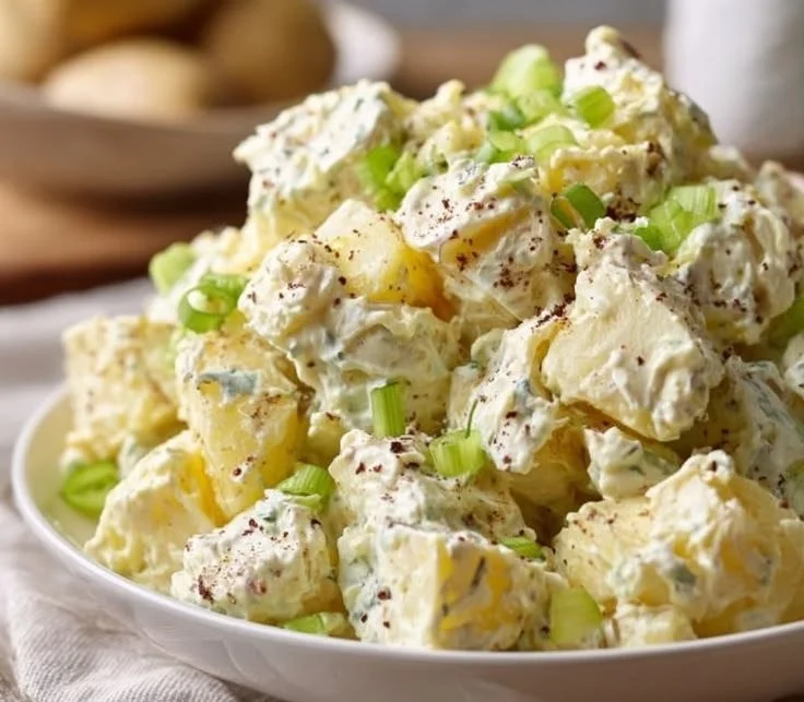 Celery Seed Potato Salad with fresh ingredients and herbs in a bowl