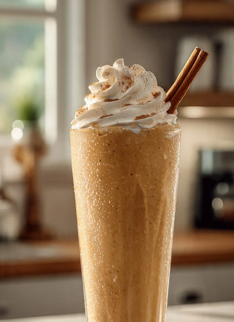 Chai Frappe Slushy in a glass topped with whipped cream and spices