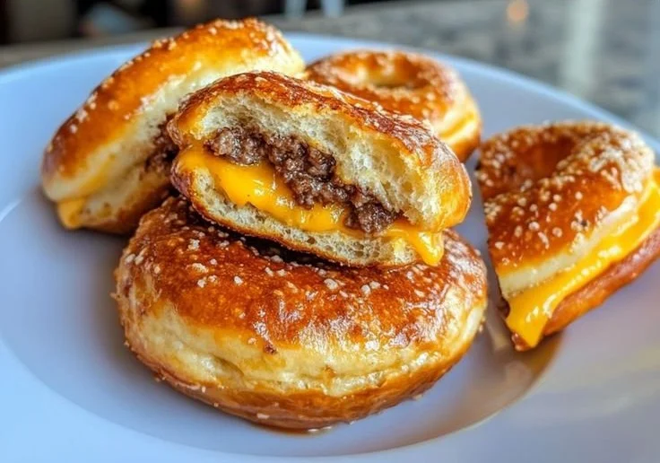 Cheeseburger pretzel bombs served on a plate, perfect for snacking.
