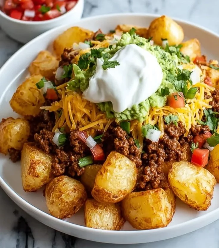 Cheesy taco potatoes topped with melted cheese and fresh toppings