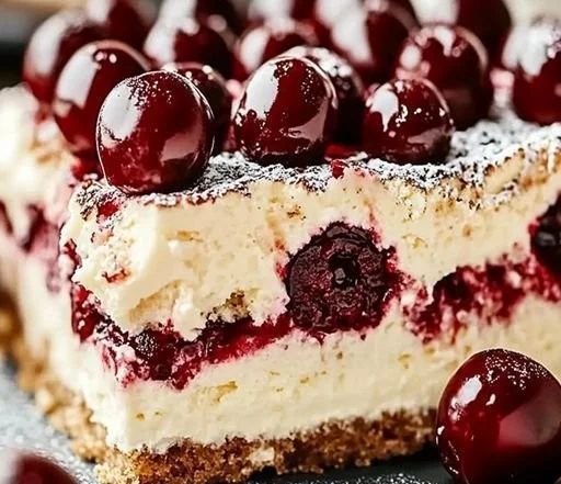Delicious Cherry Amaretto Tiramisu dessert with layers of cherries and cream