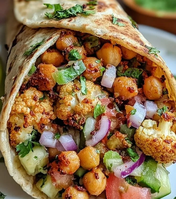 Chickpea cauliflower wraps filled with fresh vegetables and herbs