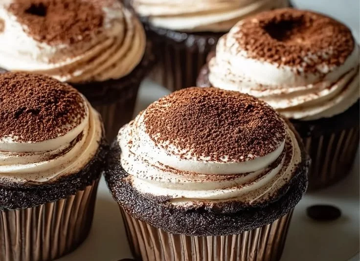Delicious Chocolate Tiramisu Cupcakes topped with cocoa and coffee flavors
