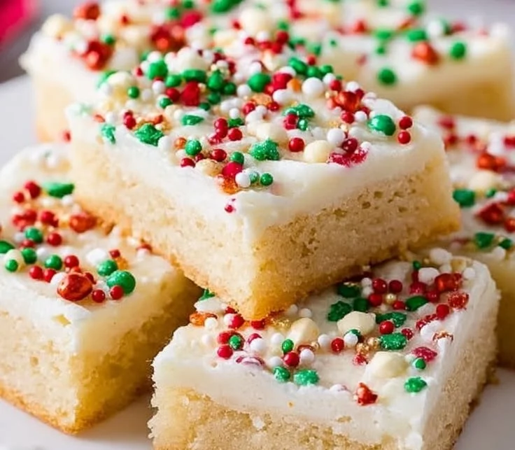 Plate of Christmas sugar cookie bars with festive decorations