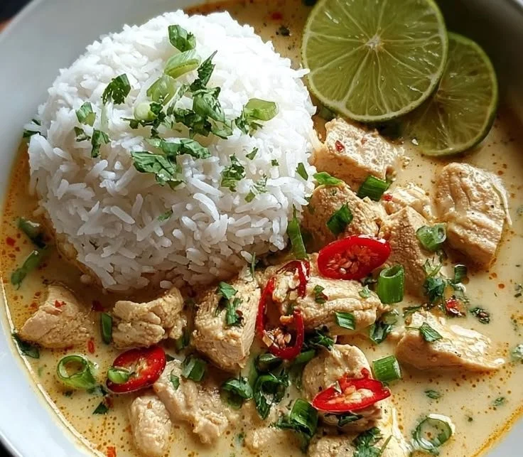 Bowl of Coconut Chicken Brothy Rice garnished with fresh herbs and spices