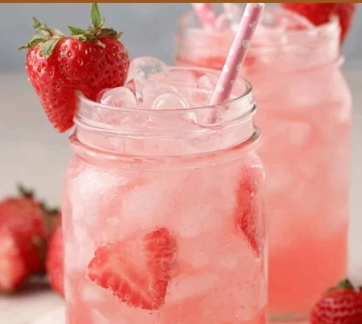 Chilled Coconut Strawberry Refresher in a glass garnished with strawberries and coconut flakes.