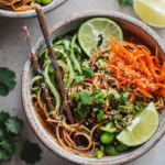 Delicious cold sesame noodle bowls garnished with vegetables and sesame seeds.