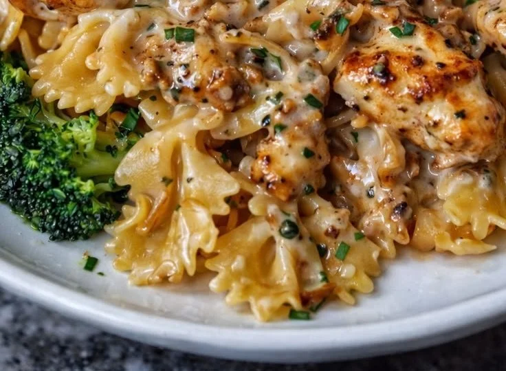 Cowboy Butter Lemon Bowtie Chicken with Broccoli on a plate