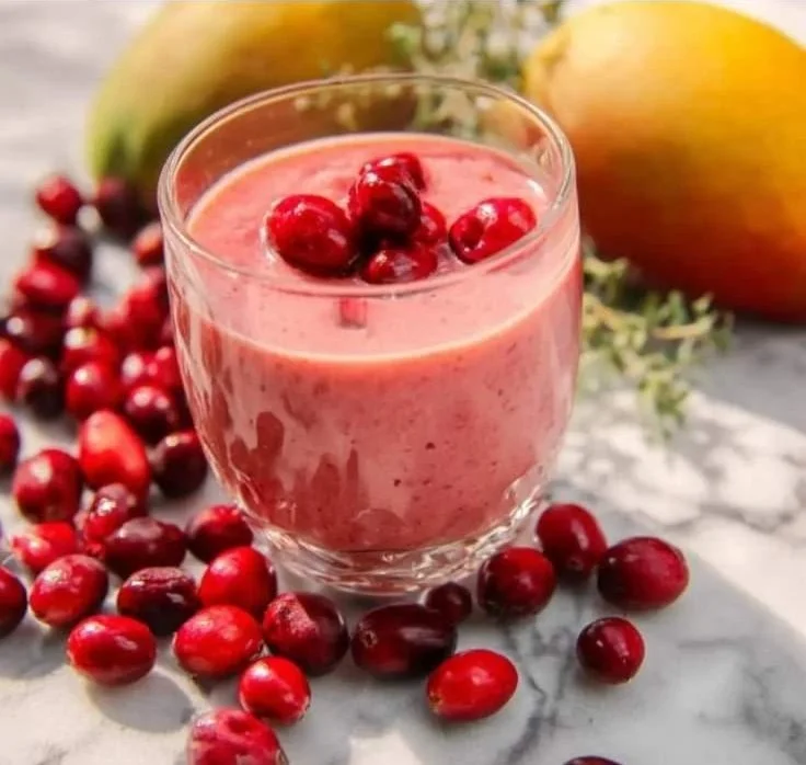 Cranberry Mango Smoothie in a glass with fresh fruit and berries