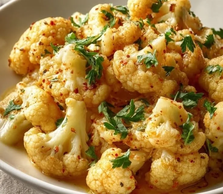 Creamy butter cauliflower dish garnished with herbs