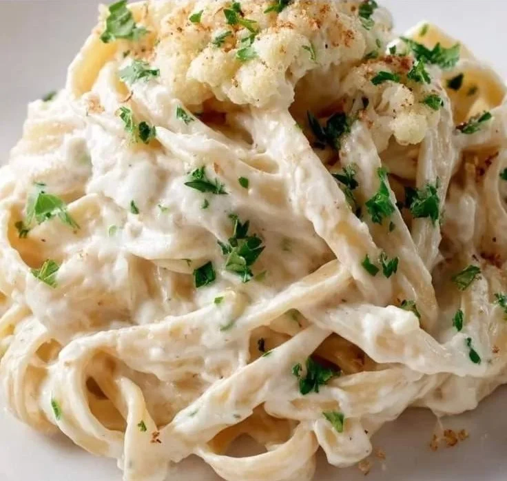 Bowl of creamy cauliflower Alfredo pasta topped with parsley and grated cheese
