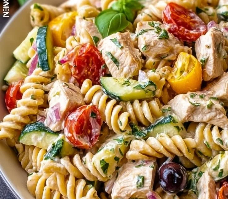 Creamy chicken pasta salad with colorful vegetables and dressing