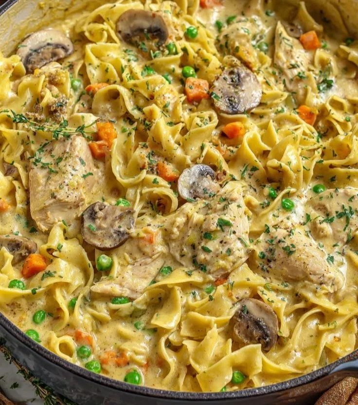 Delicious creamy chicken pot pie one pot pasta served in a bowl