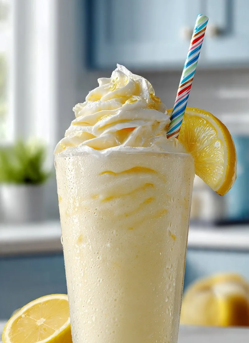 Creamy lemonade milkshake slushie in a tall glass with a lemon slice