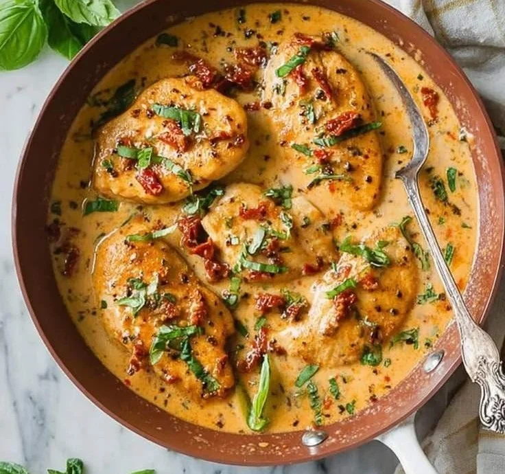 Delicious creamy sun dried chicken served with fresh herbs and spices
