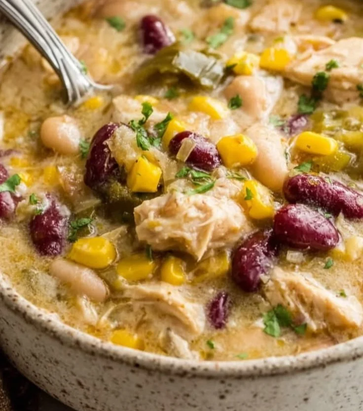 Bowl of creamy white chicken chili topped with cilantro and cheese