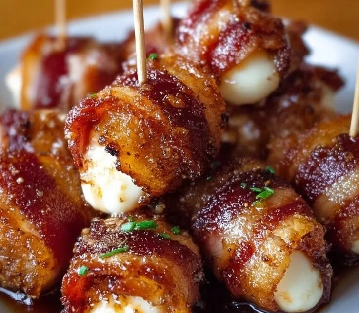 Crispy Bacon Mozzarella Poppers with a sweet maple glaze