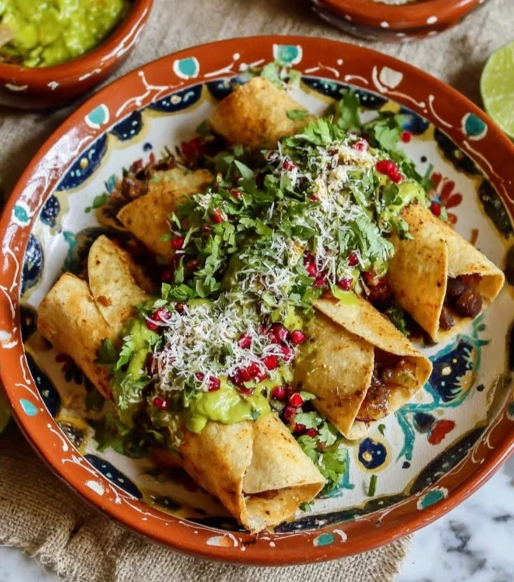 Plate of crispy black bean taquitos ready to be served